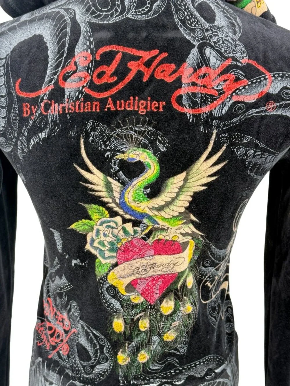 VTG Ed Hardy Black Velour Zip Up Tattoo Hoodie | McBling Indie Sleaze Trashy Y2K - Picture 16 of 16